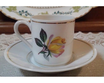 Limoges Demitasse Cup n Saucer Yellow Rose w GOLD TRIM.