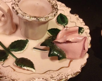 2 Vintage Lefton Pink Chiffon Candle Holders Pink n Gold Roses