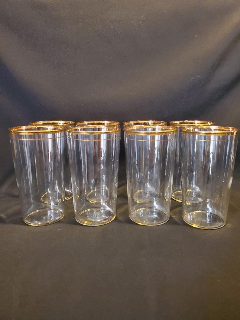 8 Vintage Libbey 1950s Gold Rim Glasses Single Band Blown Glass Tumblers image 5