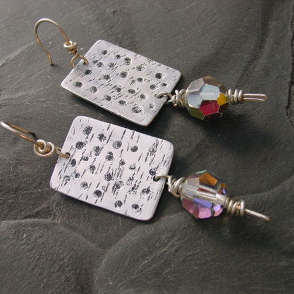 Handcrafted Eco Friendly Recycled Aluminum and Vintage Crystal Earrings in Grey and Magenta. RCE-01