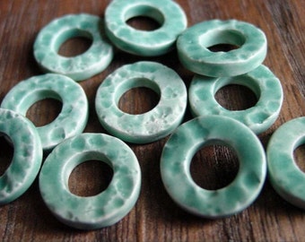 Handmade Ceramic Link Set of 10-Circle Shape with Dimpled Texture and Light Blue Glaze-Jewelry Supply