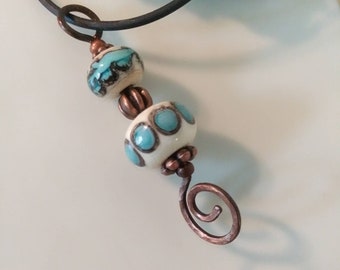 Handcrafted Lampwork Glass Bead n Recycled Copper Pendant - Turquoise Light Ivory