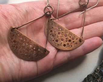 Handcrafted Recycled Copper Dangle Earrings.