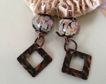 Handmade Lampwork Glass Beads n Recycled Copper Earrings.