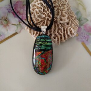 Handmade Dichroic Jewelry Patterned Fused Glass Pendant.