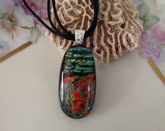 Handmade Dichroic Jewelry Patterned Fused Glass Pendant.