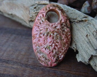 Handmade Ceramic Pendant-Elongated Oval with Fall Tones and Gear Texture-Jewelry Supply