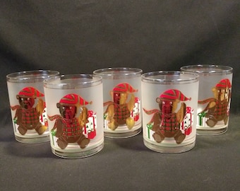 5 Vintage Culver Gold Christmas Holiday Bear Double Old Fashion Glasses