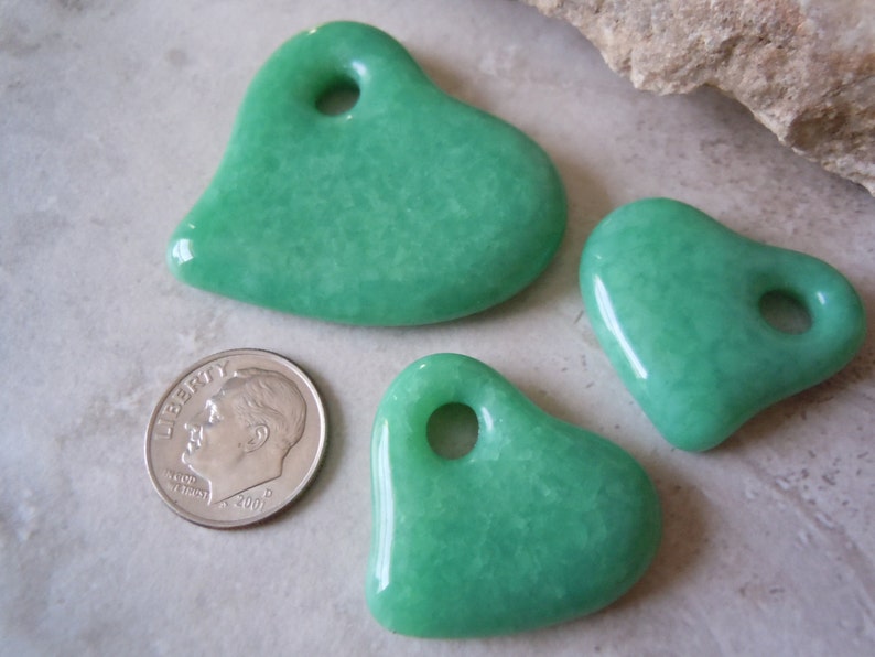 Mottled Mint Green. Cast Glass Hearts. Handmade Pendant Bead Set. C-04 image 3