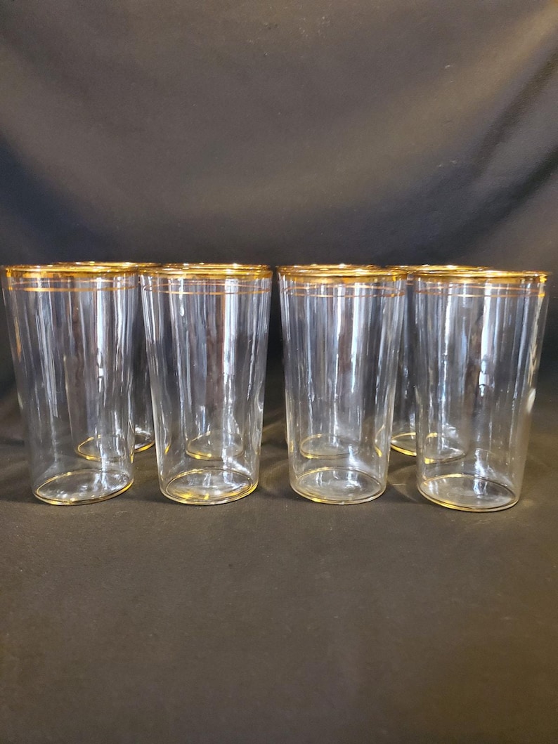 8 Vintage Libbey 1950s Gold Rim Glasses Single Band Blown Glass Tumblers image 8