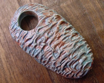 Handmade Ceramic Pendant-Rounded Elongated Shape with Abstract Texture and Light Blue and Brown Glaze-Jewelry Supply