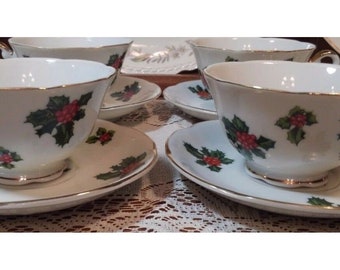 4 – Lefton Fine China in Holly #7950. Footed Cup n Saucer Sets.
