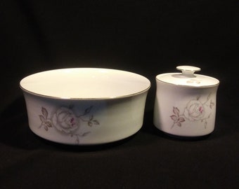 2Pc Johann Haviland China 7in Bowl n Sugar Bowl w Lid in Sweetheart Rose Pattern