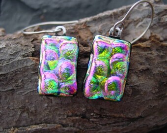 Pink  Lemonade Handmade Jewelry. Dichroic Glass Dangle Earrings. 1 1/2 in.  Sterling. E-54