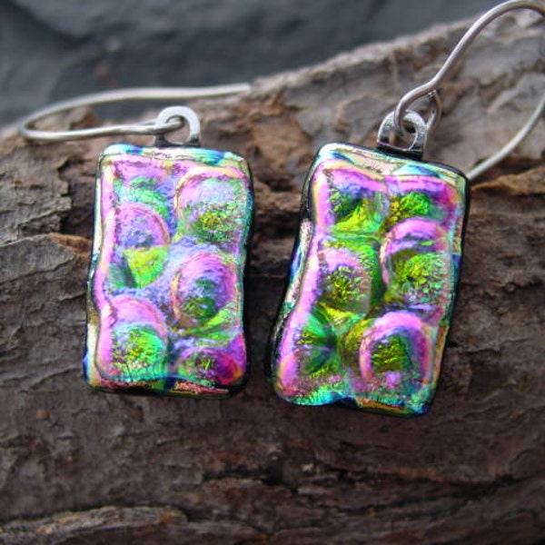 Pink  Lemonade Handmade Jewelry. Dichroic Glass Dangle Earrings. 1 1/2 in.  Sterling. E-54