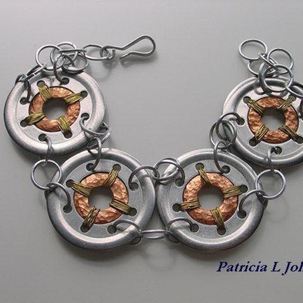 Upcycled. Handmade Artisan Mixed Metals Link Bracelet. Copper Aluminum Brass. 8in.  Made to Order.
