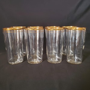 8 Vintage Libbey 1950s Gold Rim Glasses Single Band Blown Glass Tumblers image 1