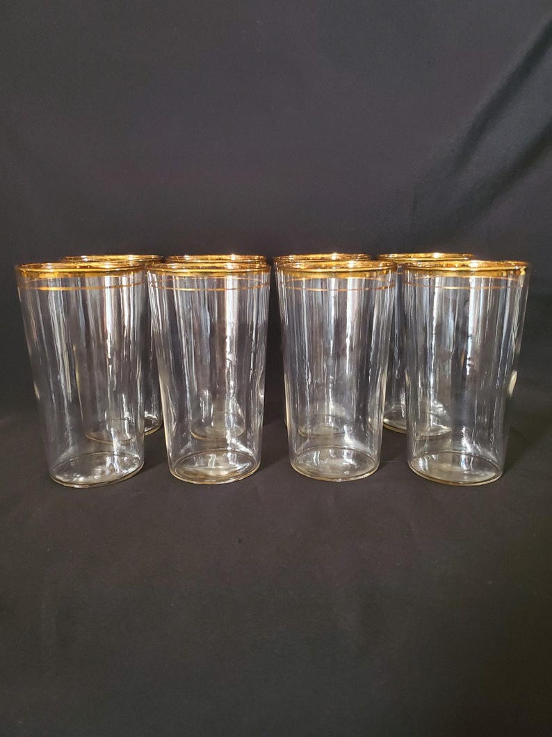 8 Vintage Libbey 1950s Gold Rim Glasses Single Band Blown Glass Tumblers image 1