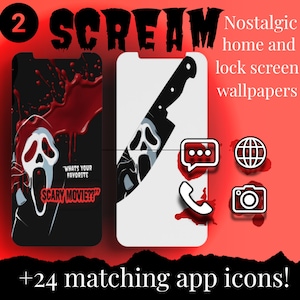 Könnte beinhalten: Digitales Produkt mit "Scream"-Thema. Enthält Hintergrundbilder für den Start- und Sperrbildschirm und passende App-Symbole. Das Design zeigt die Ghostface-Maske, ein Messer und den Text "What's your favorite scary movie??" auf schwarzem Hintergrund.