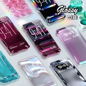 Peut inclure: Une collection de fonds d'écran numériques pour smartphone présentant des textures brillantes et liquides dans diverses couleurs, dont magenta, bleu sarcelle, violet et argent. Chaque écran affiche 9:41, hello et 4K Ultra HD.