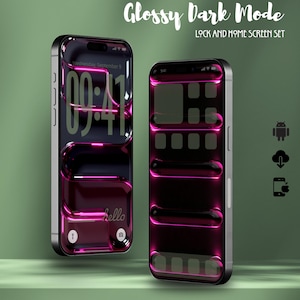 May include: Two smartphones displaying a Glossy Dark Mode lock and home screen set. The screens feature a dark, reflective, liquid-like aesthetic with vibrant magenta neon highlights, organized into horizontal sections for app icons and widgets.