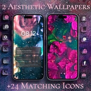 May include: Two smartphones displaying aesthetic wallpapers with matching icons. One phone shows a teal and blue background with the time 08:12. The other phone displays a pink floral background. The image includes the text "2 Aesthetic Wallpapers" and "+24 Matching Icons."