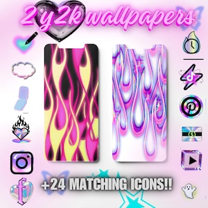 May include: Two phone wallpapers with flame designs in pink, yellow, and purple, along with matching icons. The text reads "2 y2k wallpapers" and "+24 matching icons!!". The overall theme is a Y2K aesthetic.