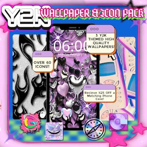 Könnte beinhalten: Y2K-Themen-Paket mit digitalem Hintergrundbild und Symbolen. Das Bild zeigt ein Smartphone mit einem lila und silbernen, herzförmigen Hintergrundbild. Zusätzliche Elemente sind ein schwarz-weißes Flammendesign, eine Retro-Telefongrafik und verschiedene Symbole.