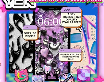 Y2K風の壁紙とアイコンのデジタルダウンロード（iPhone、Android、iOS