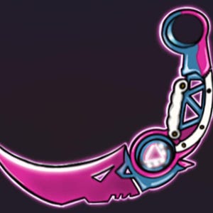 May include: A pink and blue stylized knife with a curved blade and a circular handle. The handle has a white and blue design with a triangular pattern.