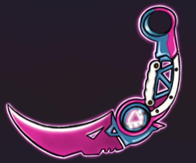 May include: A pink and blue stylized knife with a curved blade and a circular handle. The handle has a white and blue design with a triangular pattern.