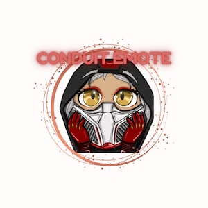 Puede incluir: Una ilustración digital de un personaje de dibujos animados que lleva una máscara blanca con detalles rojos y una chaqueta negra con capucha. El personaje tiene ojos amarillos y se está tapando la cara con las manos. El texto "CONDUIT EMOTE" está escrito en letras rojas sobre el personaje.
