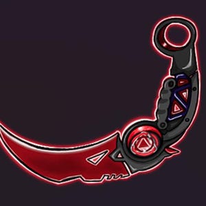 May include: A red and black curved knife with a serrated blade and a circular handle. The handle has a red ring and a black and blue geometric design.