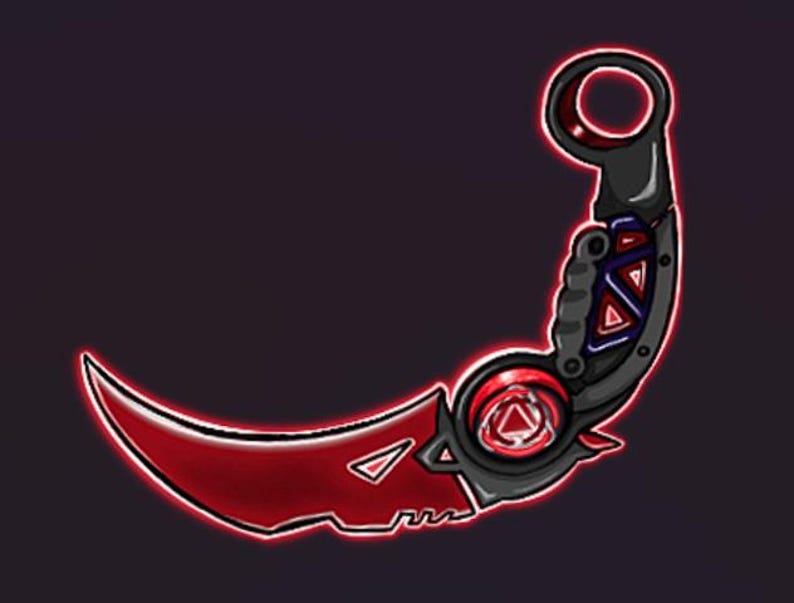 May include: A red and black curved knife with a serrated blade and a circular handle. The handle has a red ring and a black and blue geometric design.