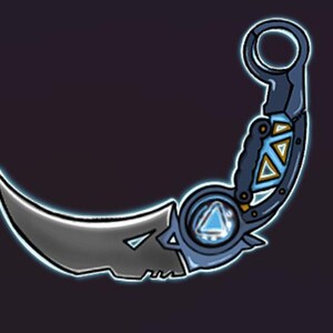 May include: A blue and silver stylized knife with a curved blade and a mechanical handle. The handle has a circular design with a blue and silver triangle in the center.
