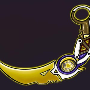 May include: A gold and white stylized knife with a curved blade and a circular handle. The handle has a blue and purple design with a yellow triangle in the center.