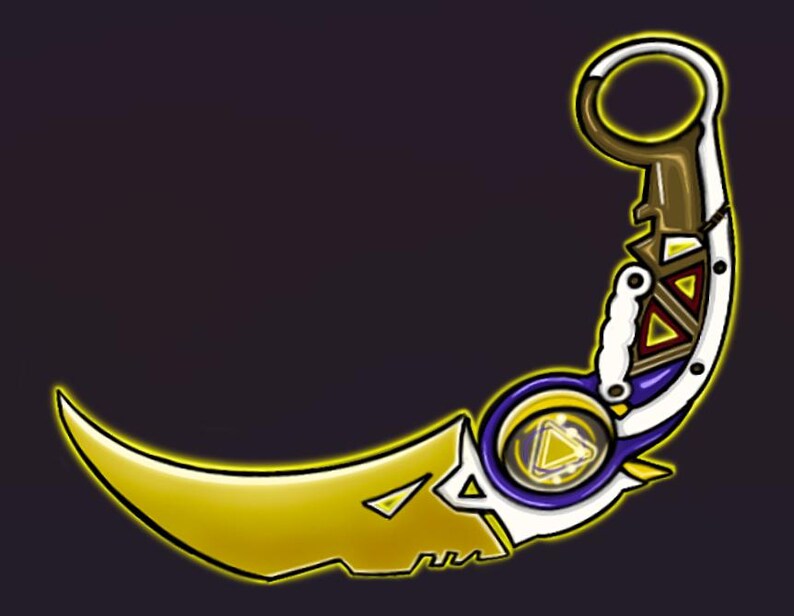 May include: A gold and white stylized knife with a curved blade and a circular handle. The handle has a blue and purple design with a yellow triangle in the center.