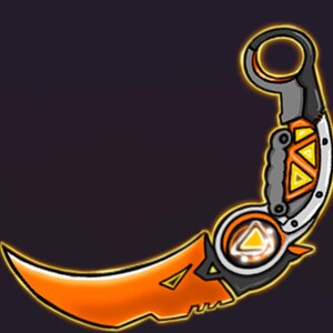 May include: A curved orange and black knife with a futuristic design. The blade is sharp and pointed, and the handle has a silver ring and a yellow and black pattern.