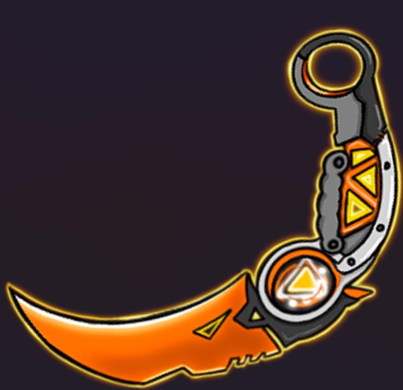 May include: A curved orange and black knife with a futuristic design. The blade is sharp and pointed, and the handle has a silver ring and a yellow and black pattern.