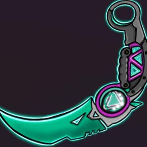 May include: A teal and purple futuristic-looking knife with a glowing green blade and a circular design on the handle.