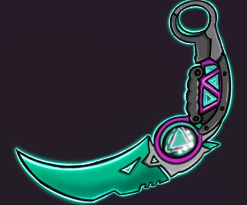 May include: A teal and purple futuristic-looking knife with a glowing green blade and a circular design on the handle.
