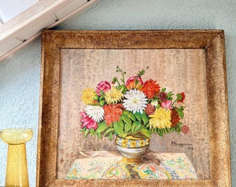Vintage Signed Floral Still Life Painting by P. Bruggmann, dated 1959 — Orange & Yellow Chrysanthemum