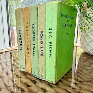 Puede incluir: Una colección de libros antiguos con títulos como "Aircraft", "Freshwater Fishes" y "Sea Fishes". Los libros tienen lomos coloridos en tonos verdes, naranjas y beige. Los libros están dispuestos verticalmente, con los lomos mirando al espectador.