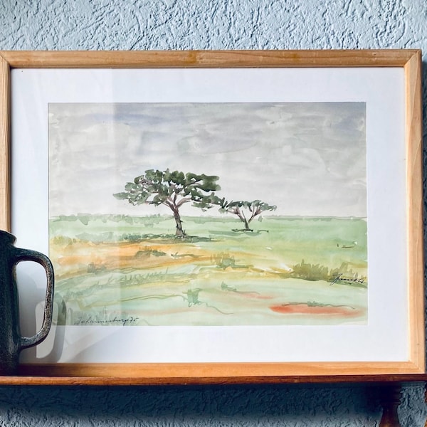 Vintage Johannesburg Savannah Watercolor Painting: Framed Acacia Tree Landscape, 1975