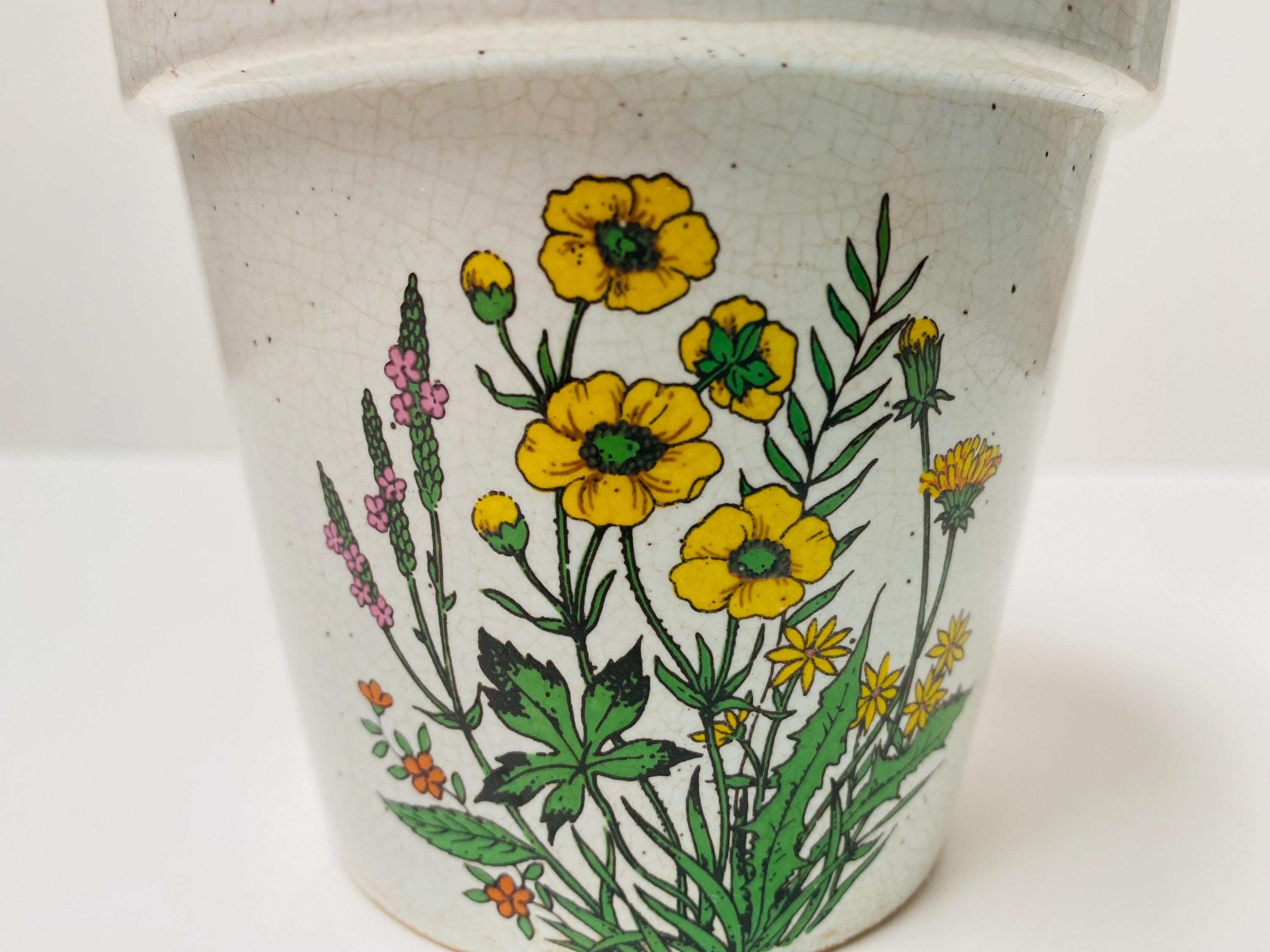 Vintage Japanese Stoneware Plant Pot: Yellow Buttercup Floral