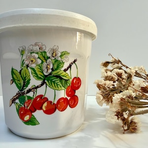 Puede incluir: Contenedor de cerámica blanco con tapa, decorado con un diseño de rama de cerezo. Las cerezas son rojas y las hojas verdes. Una ramita de flores blancas secas está a la derecha.