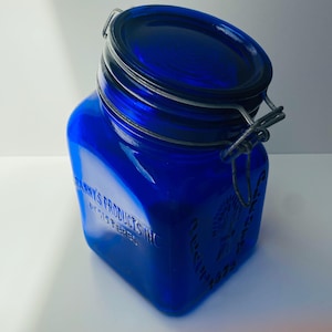 Italian cobalt blue tilted glass jar by CROWNFORD | Vintage 1 QUART storage canister with hinged closure lid | Made in Italy in 1968