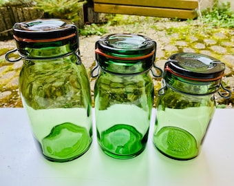 BULACH green glass canning jars with metal clamps 1/2L 3/4L 1L or 1.5L | Bülach Switzerland 1940s reusable vintage storage canisters