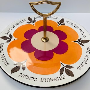 French GIEN 1970s platter in rare HARMONIE print featuring cheese names | Bright mid-century modern pink orange floral serving sharing plate