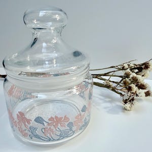 Puede incluir: Un tarro de cristal transparente con tapa, decorado con un estampado floral en rosa y gris. El tarro tiene forma redondeada y un pomo en la parte superior. Una ramita de flores secas descansa junto al tarro.